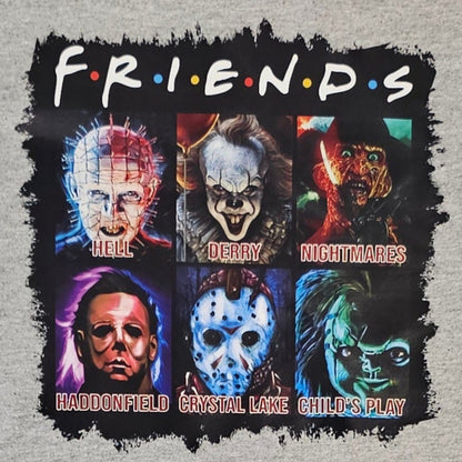 Gray t-shirt with 'Friends' graphic design featuring character faces and text.
