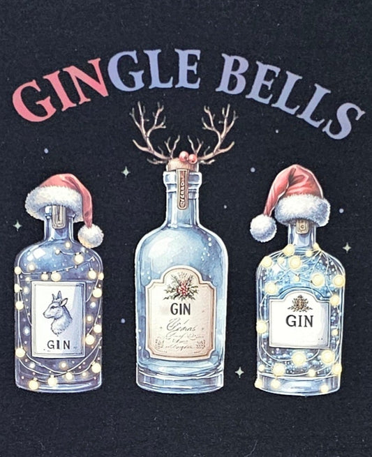 Black t-shirt with 'Gingle Bells' design featuring bottles and Santa hats on a white background