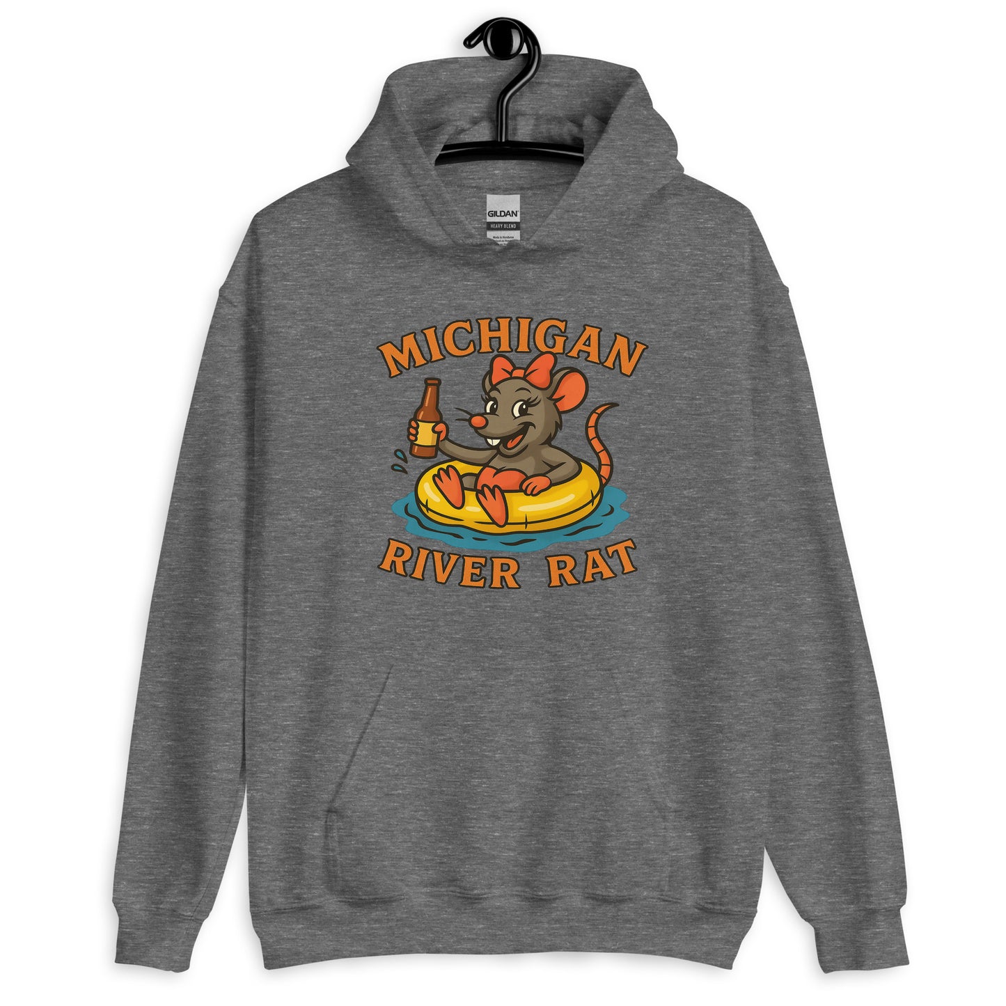 Gray hoodie with 'Michigan River Rat' graphic on a white background