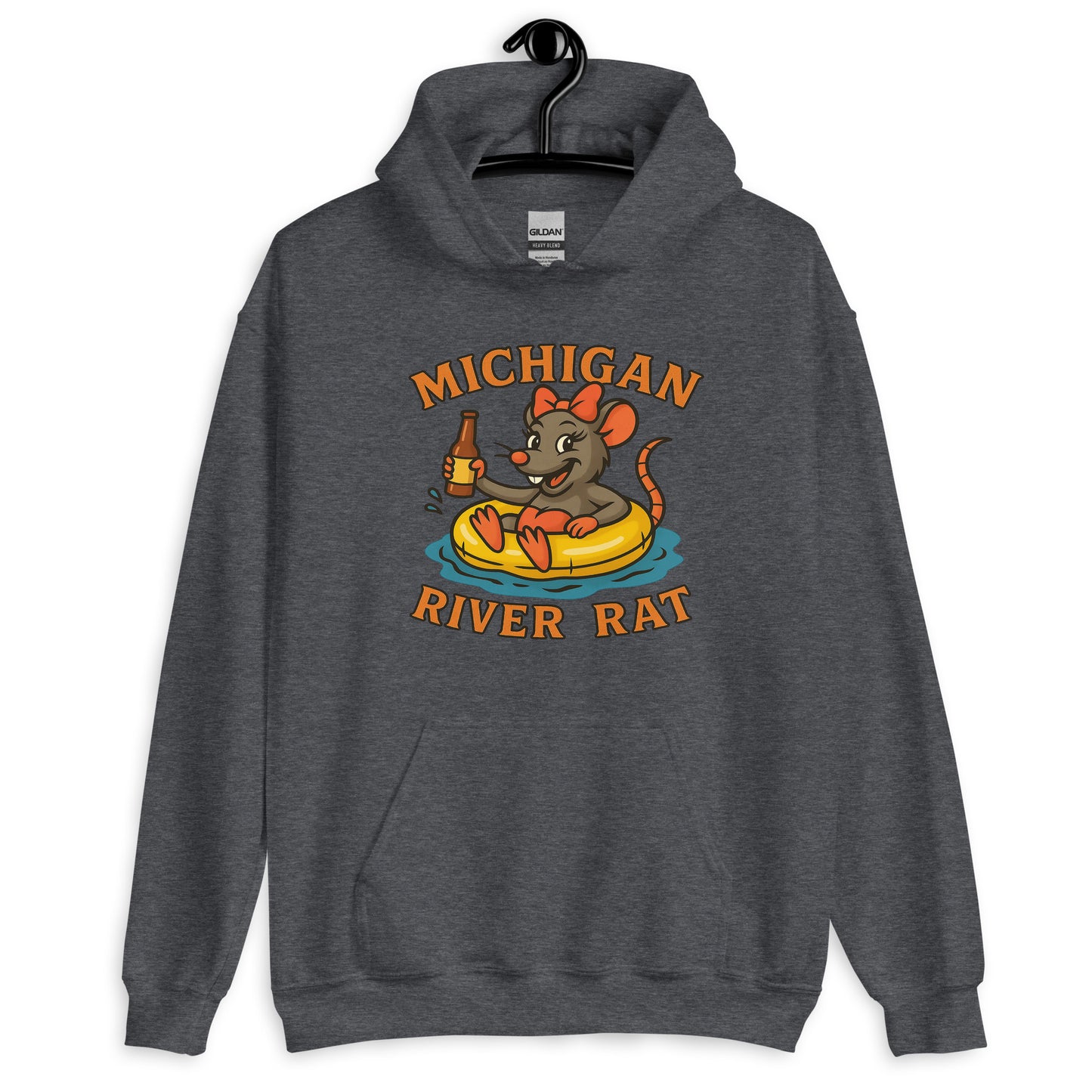 Gray hoodie with 'Michigan River Rat' graphic on a white background
