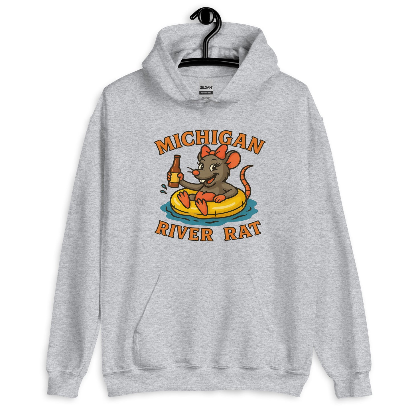 Gray hoodie with a cartoon rat design and 'Michigan River Rat' text on a white background