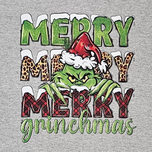 Gray t-shirt with 'Merry Grinchmas' graphic design on a white background