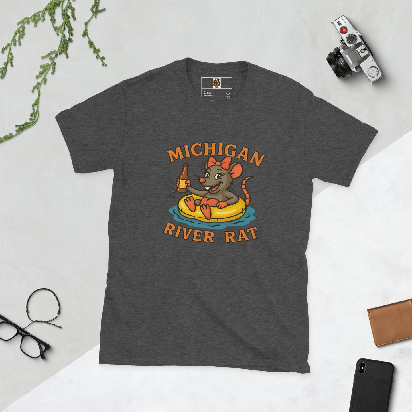 Gray t-shirt with 'Michigan River Rat' graphic on a light gray background