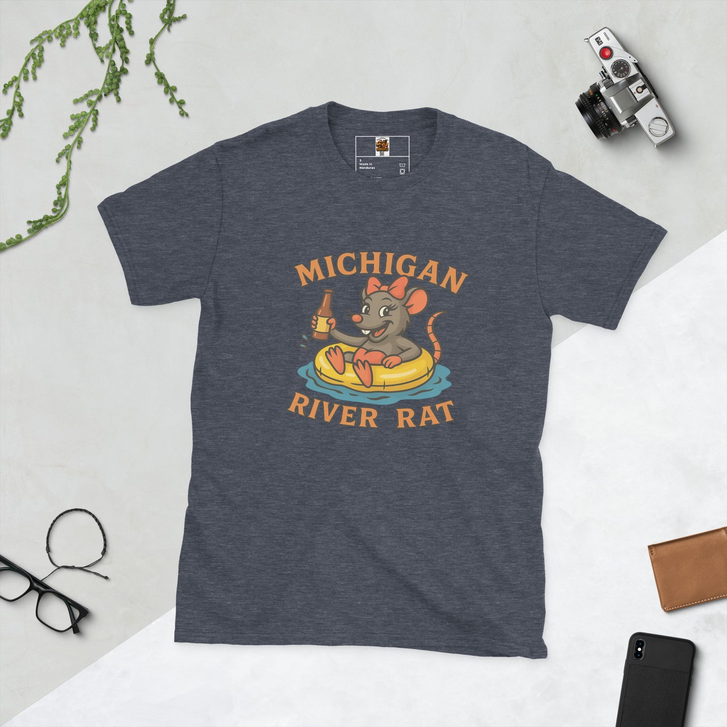 Gray t-shirt with 'Michigan River Rat' graphic on a light gray background