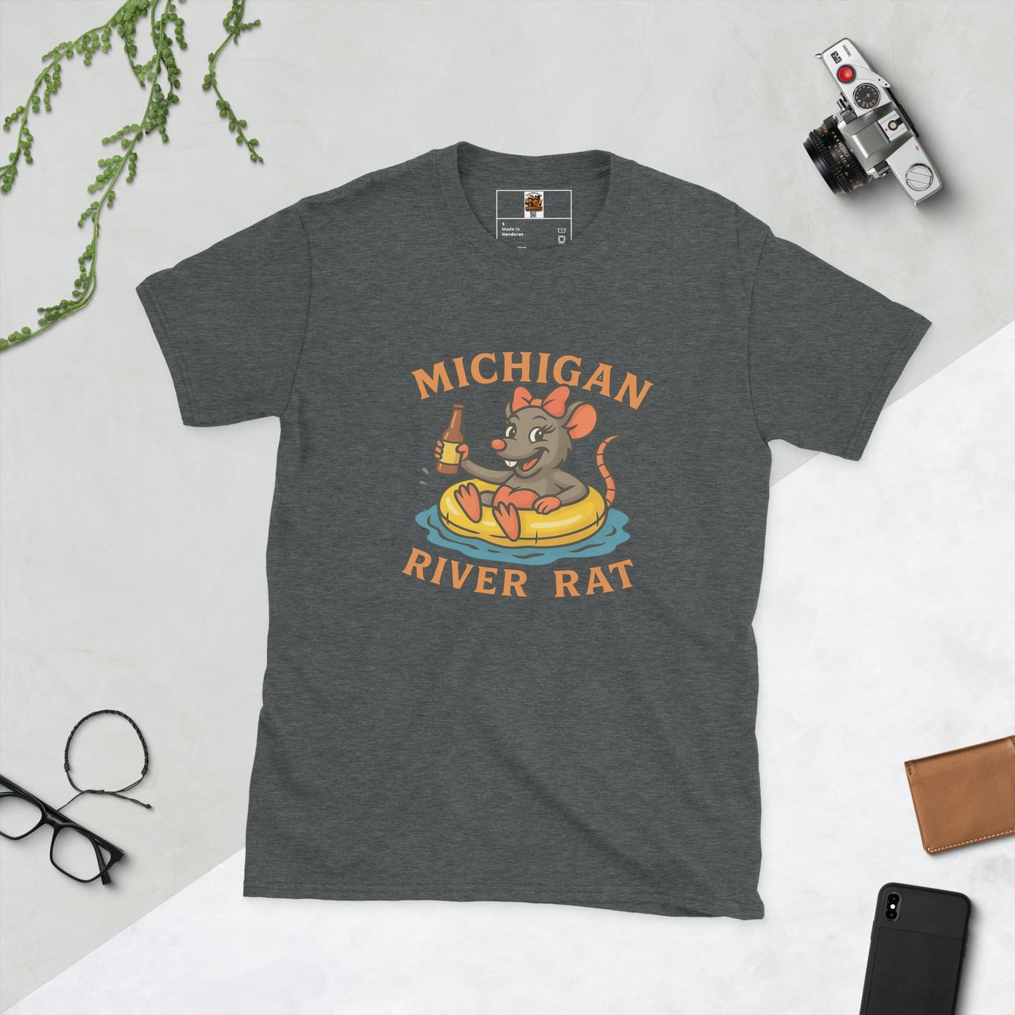 Gray t-shirt with 'Michigan River Rat' graphic on a light gray background