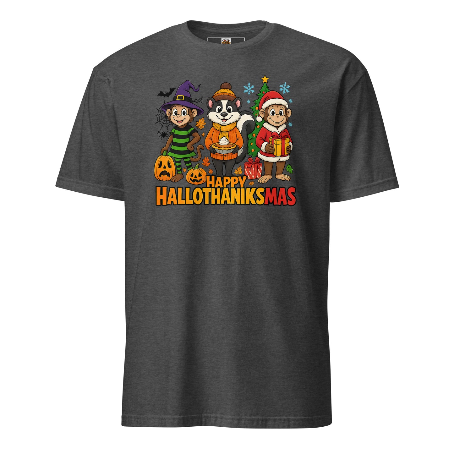 Gray t-shirt with cartoon characters and 'Happy Hallothanksmas' text on a white background