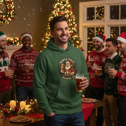Green hoodie with Santa Claus graphic and 'North Pole Brewing Co.' text on a white background