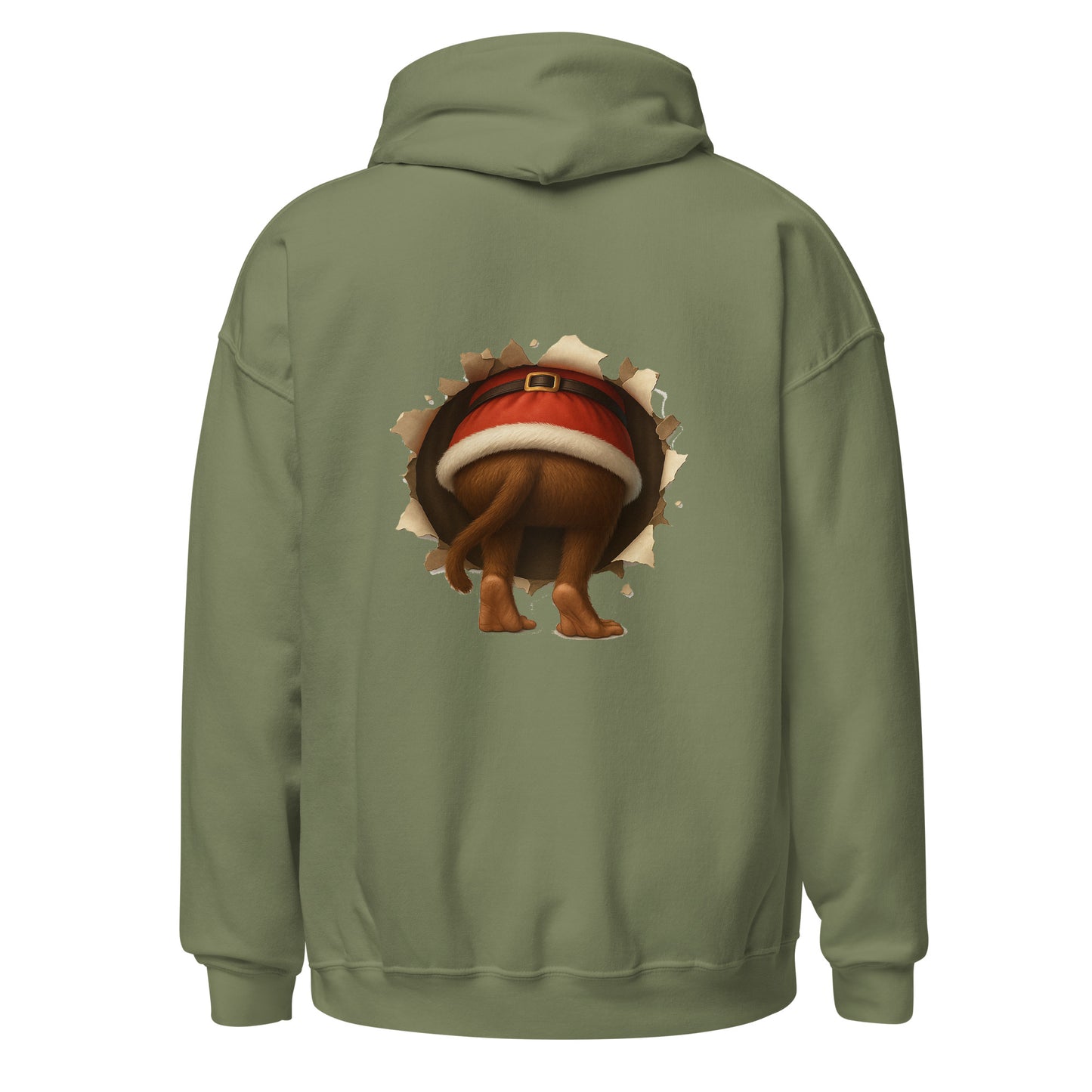 Green hoodie with a cartoon monkey wearing a Santa hat on the back