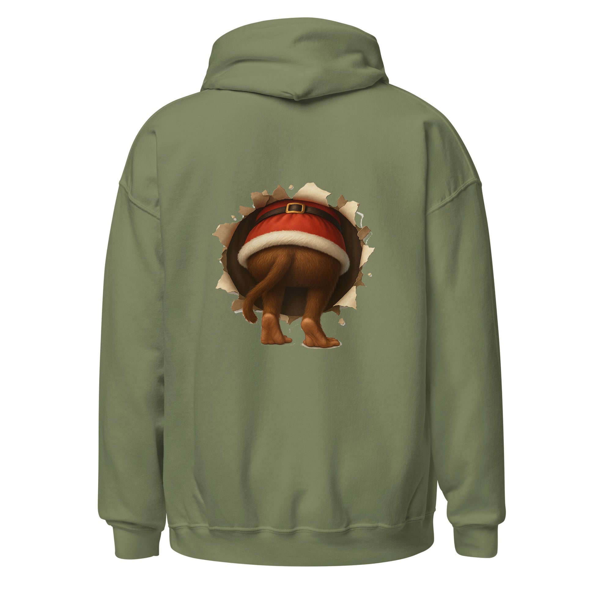 Green hoodie with a cartoon monkey wearing a Santa hat on the back