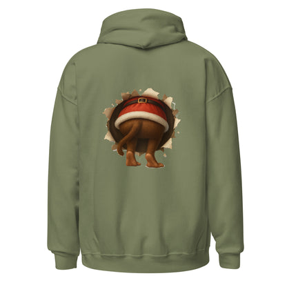 Green hoodie with a cartoon monkey wearing a Santa hat on the back