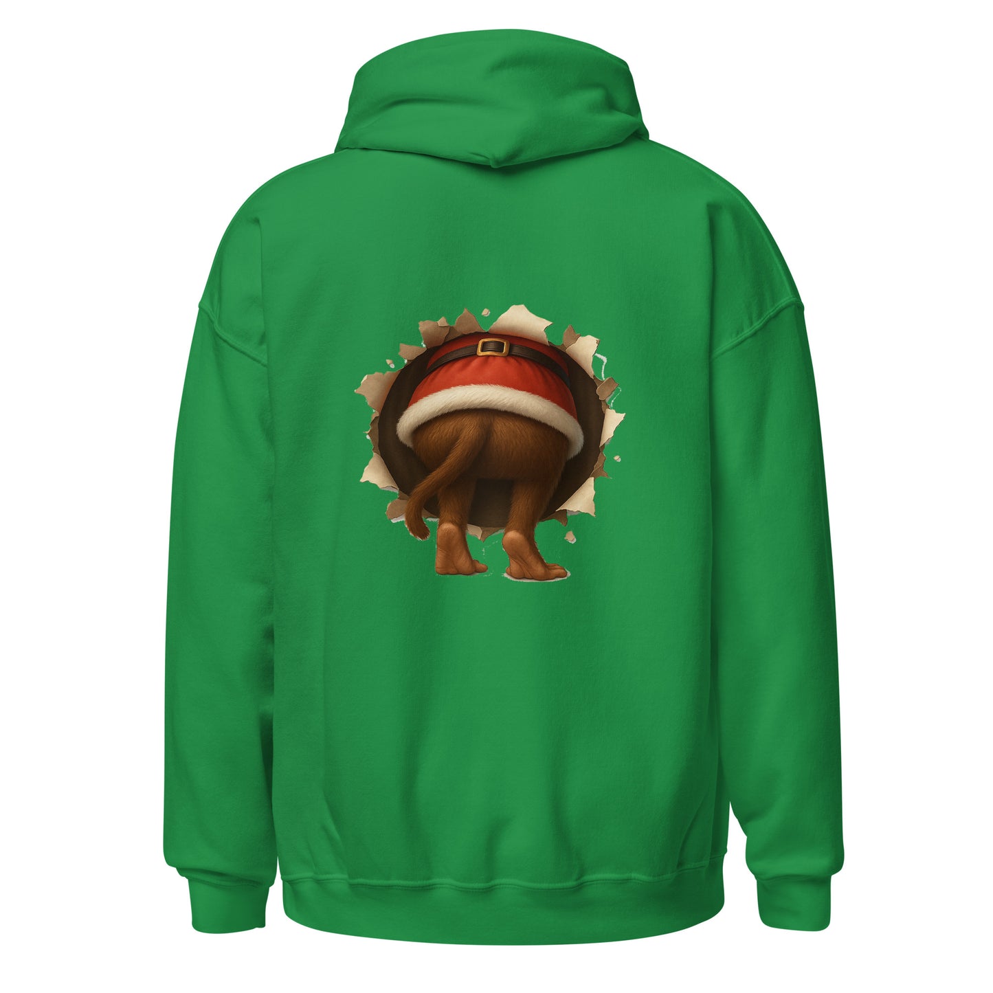 Green hoodie with a cartoon monkey  wearing a Santa hat on the back