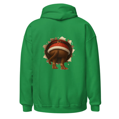 Green hoodie with a cartoon monkey  wearing a Santa hat on the back
