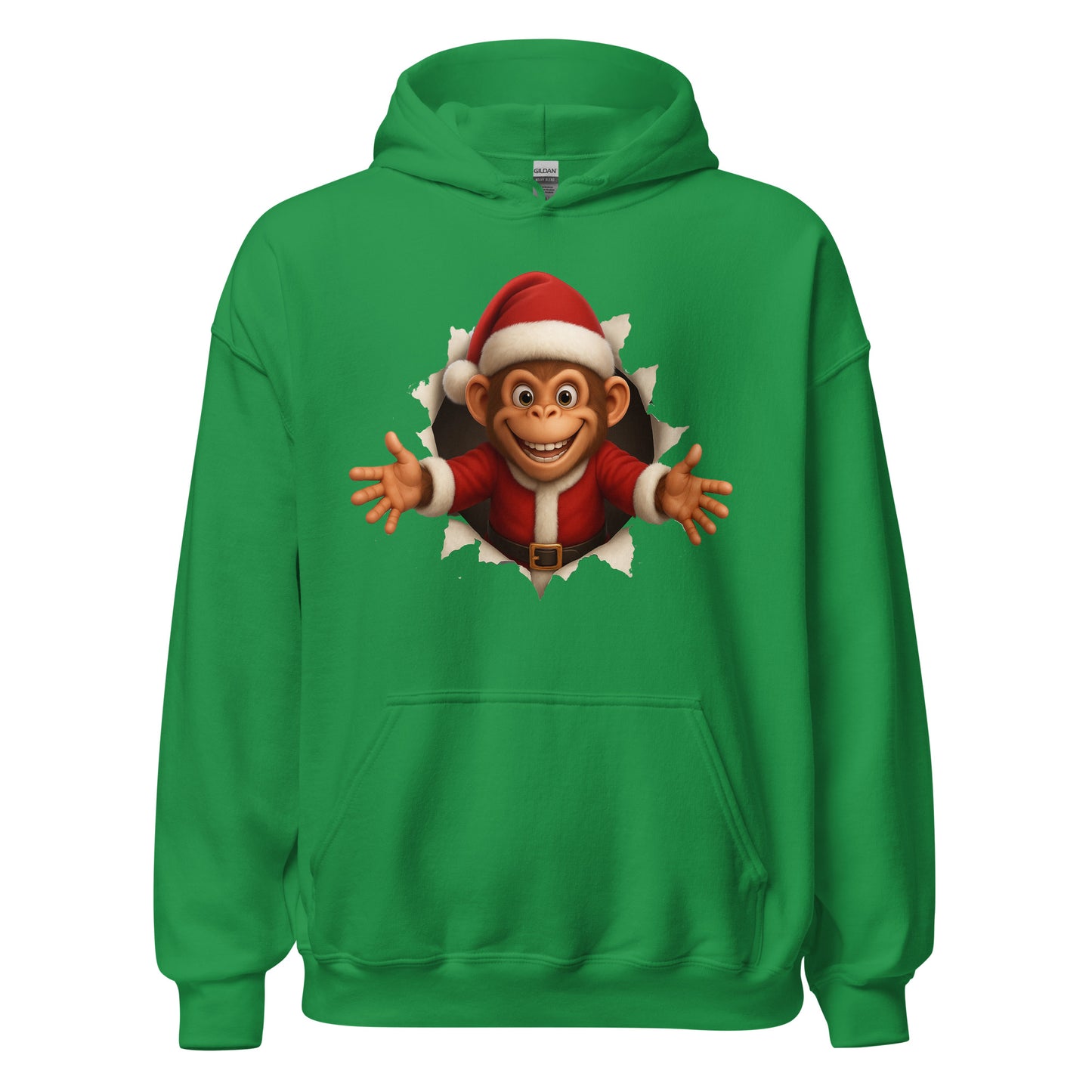 Green hoodie with a cartoon monkey wearing a Santa hat on a white background