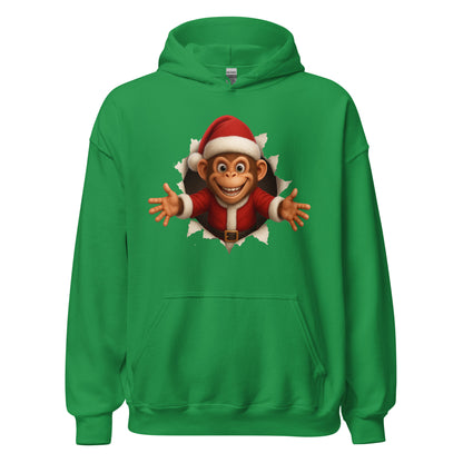 Green hoodie with a cartoon monkey wearing a Santa hat on a white background