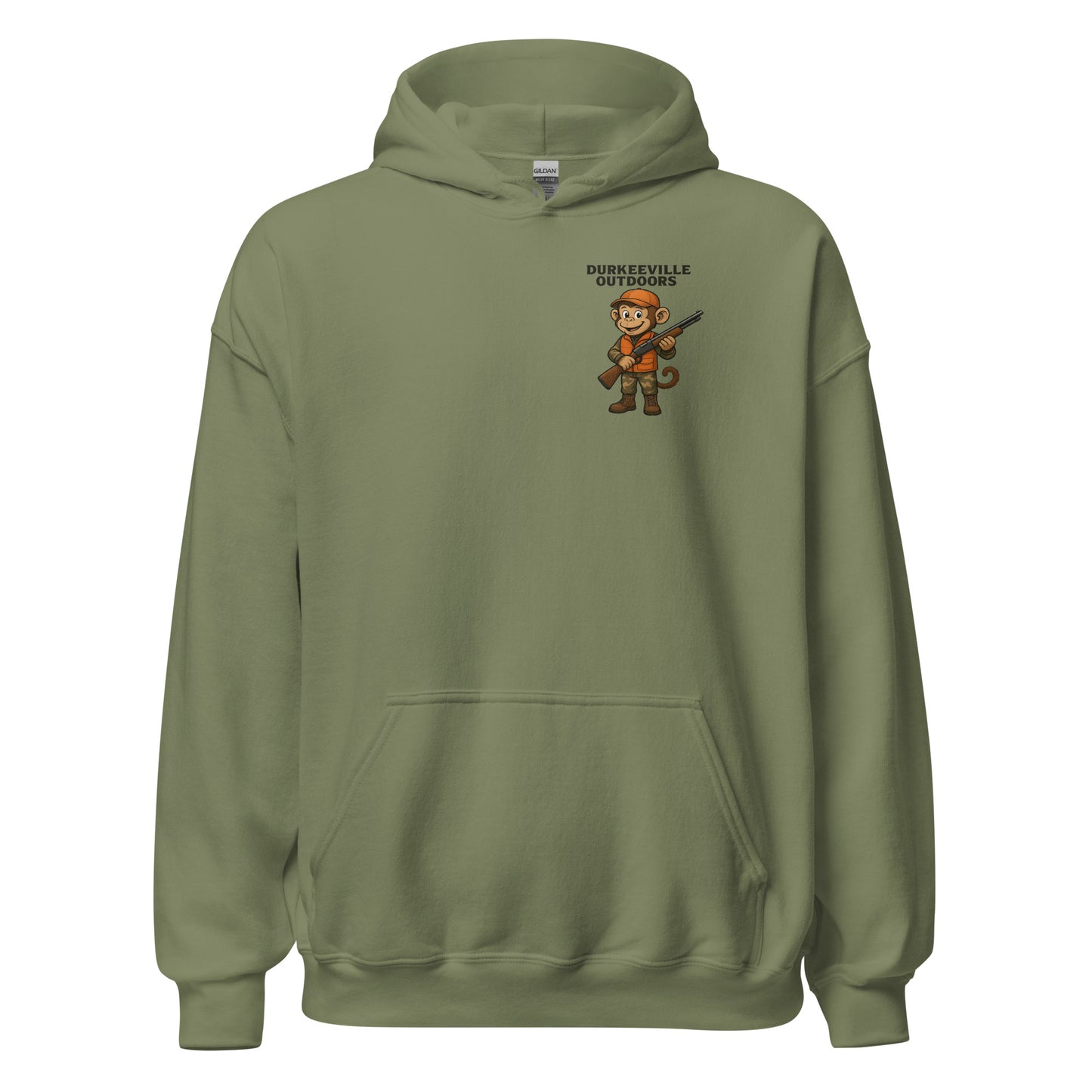 Green hoodie with a small graphic on the chest against a white background