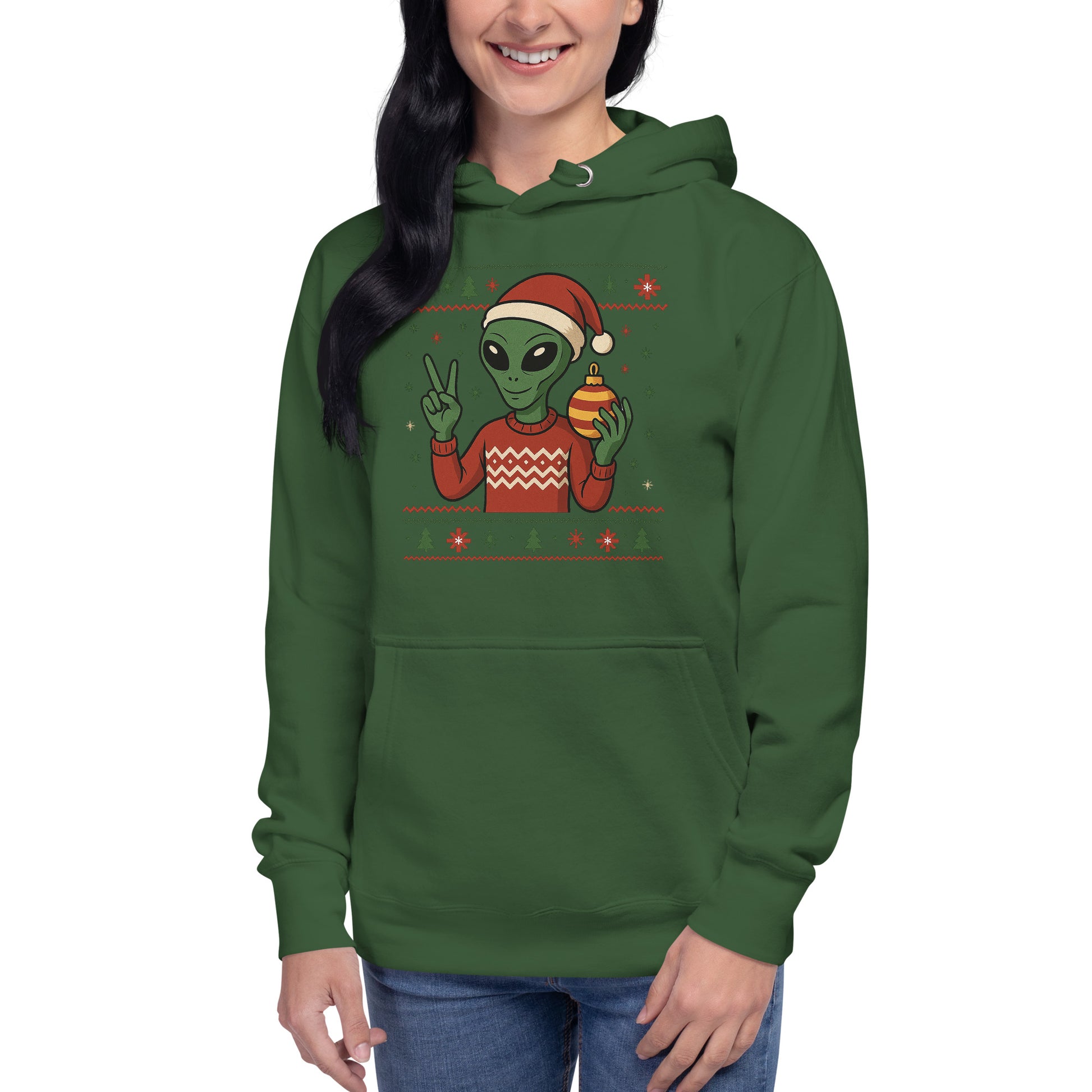 Green hoodie with alien design, person wearing it on a white background