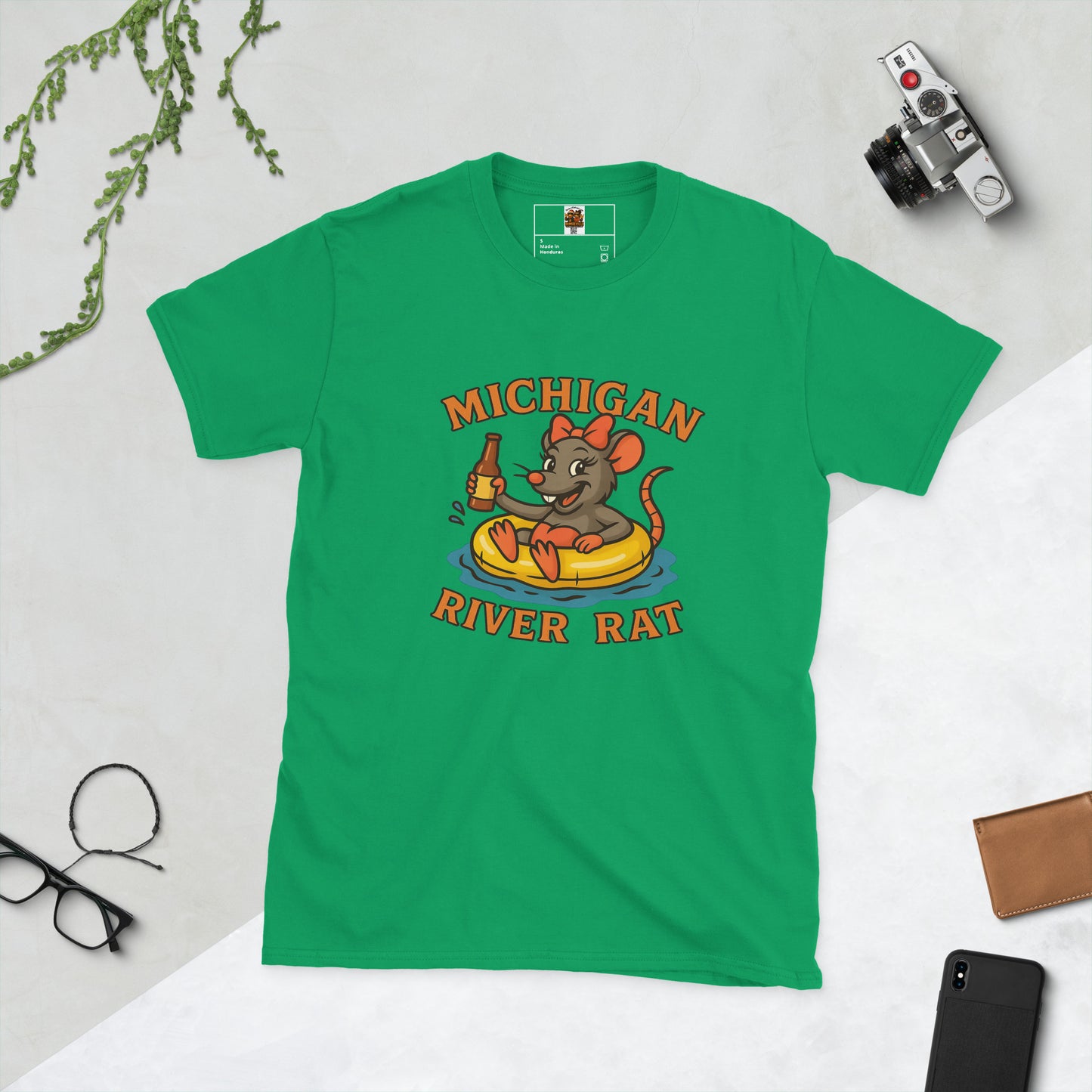 Green t-shirt with 'Michigan River Rat' graphic on a light gray background