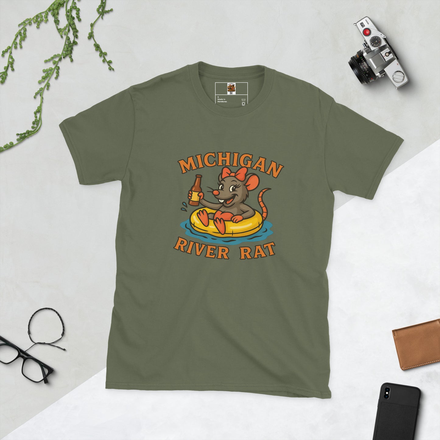 Green t-shirt with 'Michigan River Rat' graphic on a light gray background