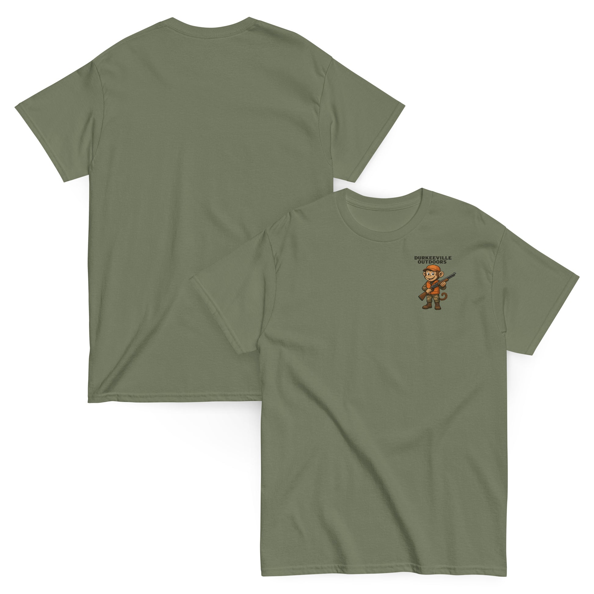 Green t-shirt with a small graphic on the chest, shown from front and back views.