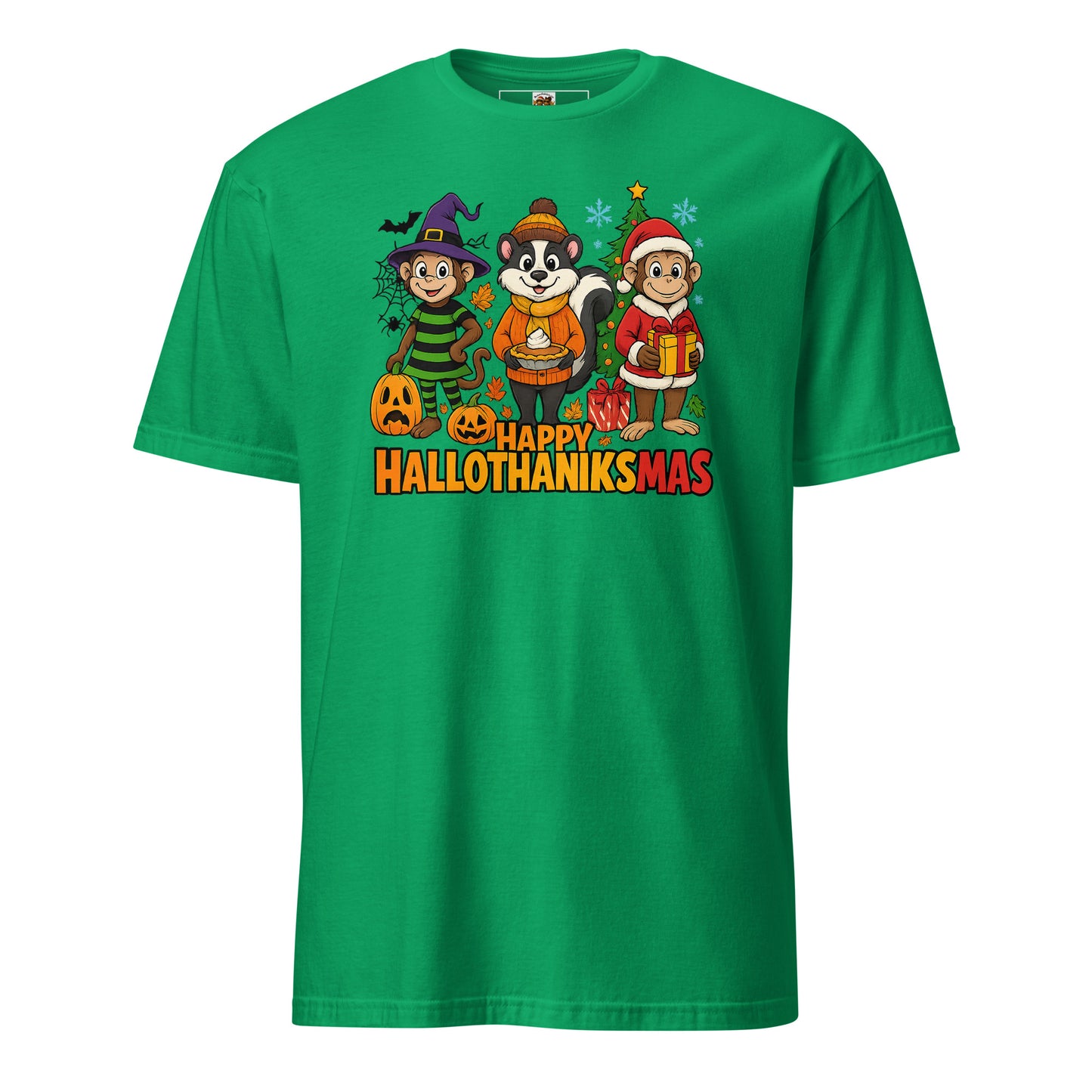 Green t-shirt with cartoon characters and 'Happy Hallothanksmas' text on a white background