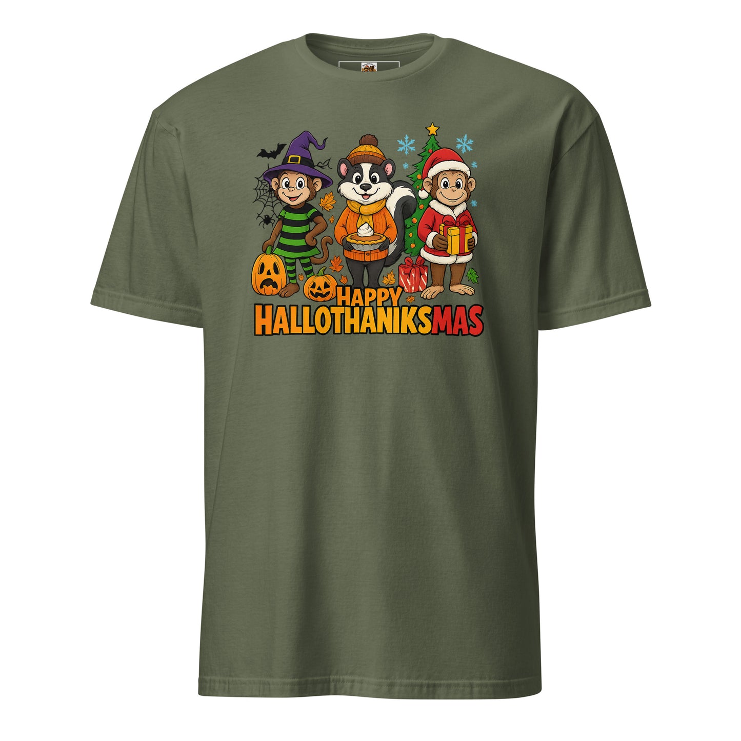 Green t-shirt with cartoon characters and 'Happy Hallothanksmas' text on a white background