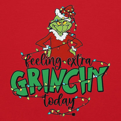 Grinch graphic with 'Feeling extra Grinchy today' text on a red background