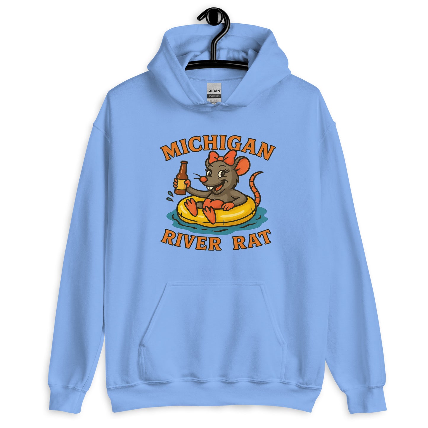 Light blue hoodie with 'Michigan River Rat' graphic on a white background