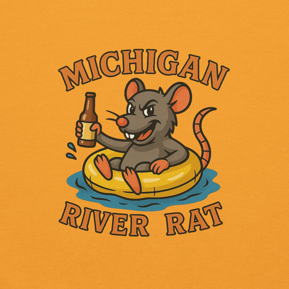 Illustration of a rat on an inner tube with a beer, text 'MICHIGAN RIVER RAT' on an orange background
