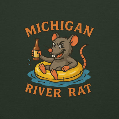 Illustration of a rat on an inner tube with a beer, surrounded by text 'MICHIGAN RIVER RAT' on a dark background.