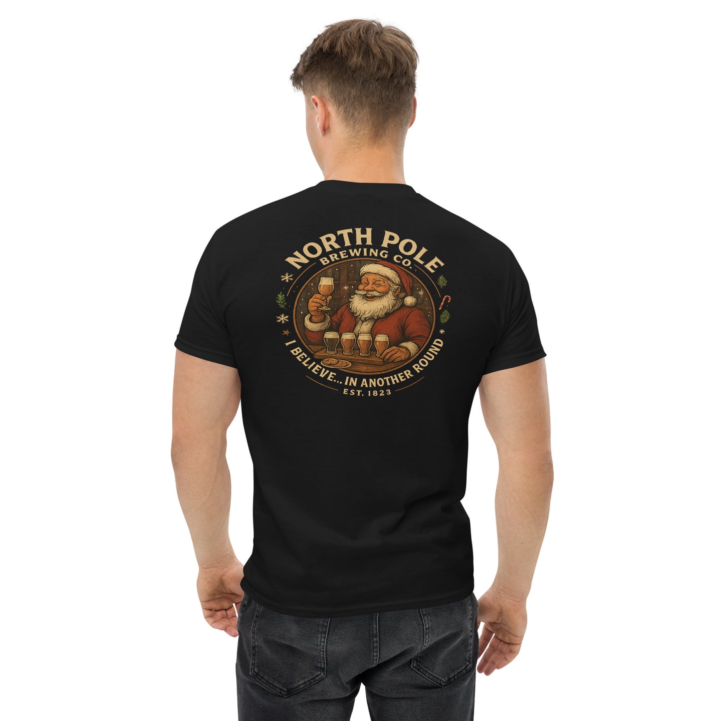 Man wearing a black t-shirt with 'North Pole Brewing Co' design on the back