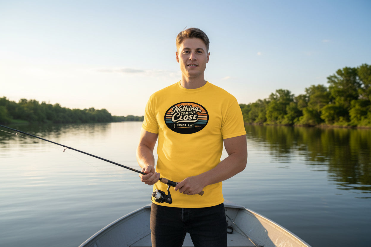 Man wearing a yellow t-shirt with a graphic design on a white background
