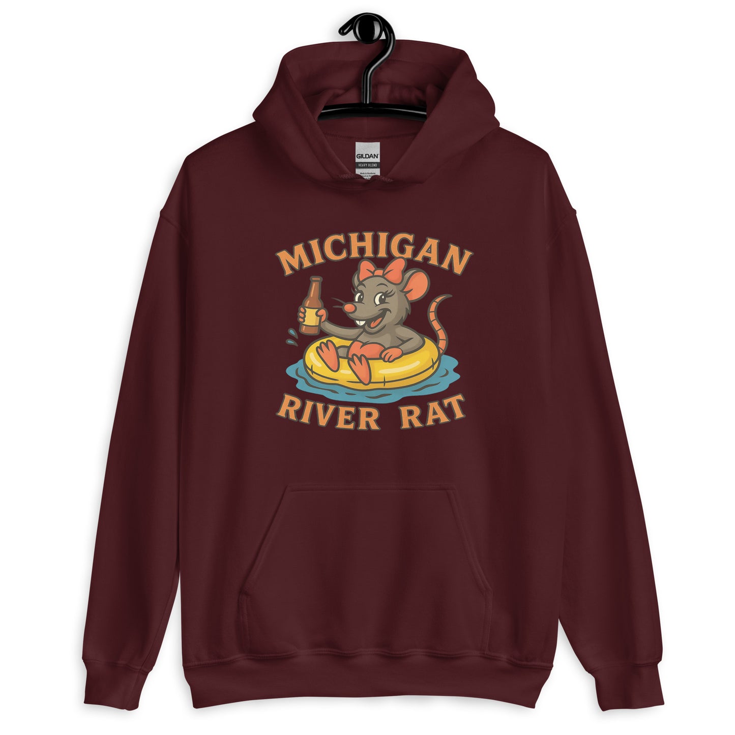 Maroon hoodie with 'Michigan River Rat' graphic on a white background