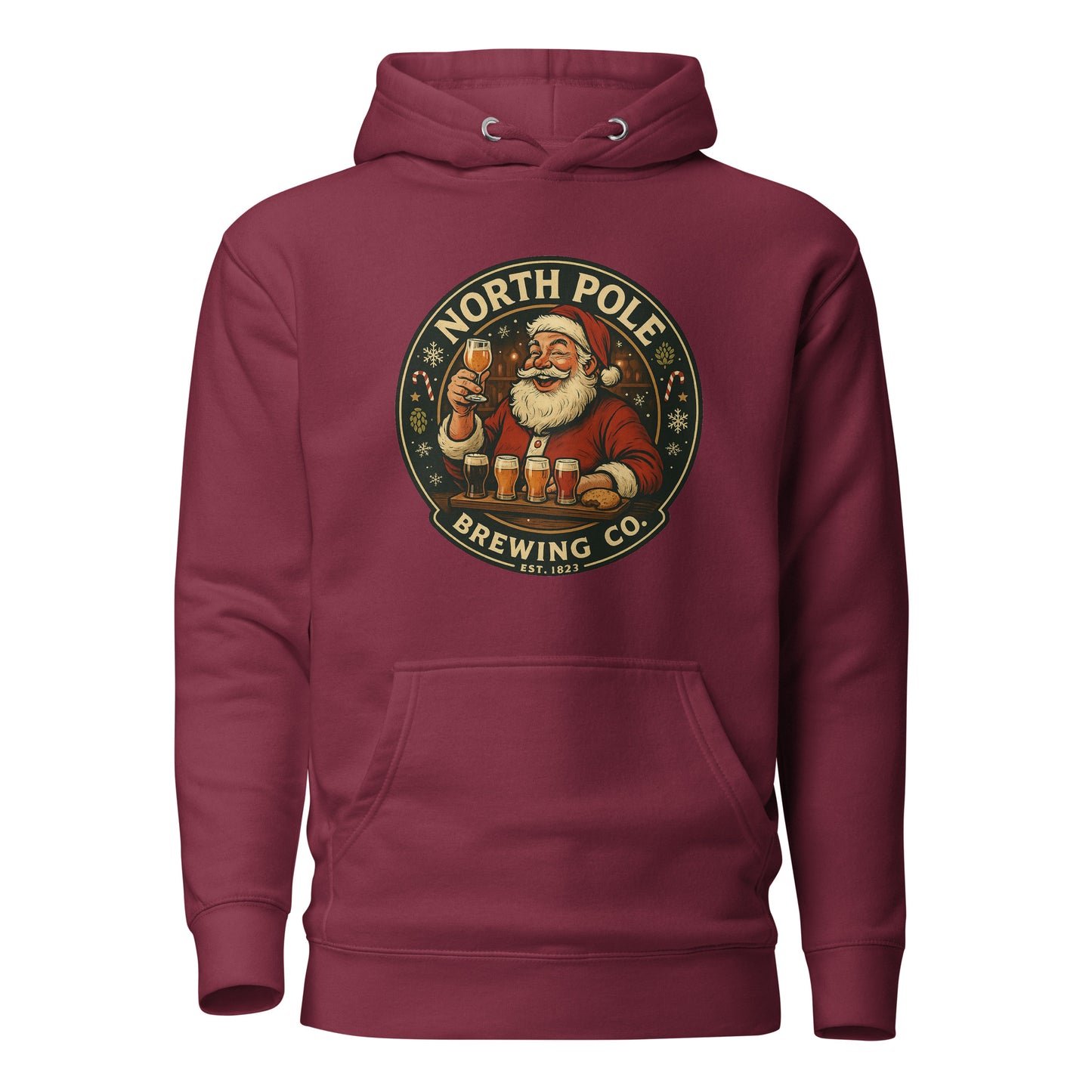 Maroon hoodie with Santa Claus graphic and 'North Pole Brewing Co.' text on a white background