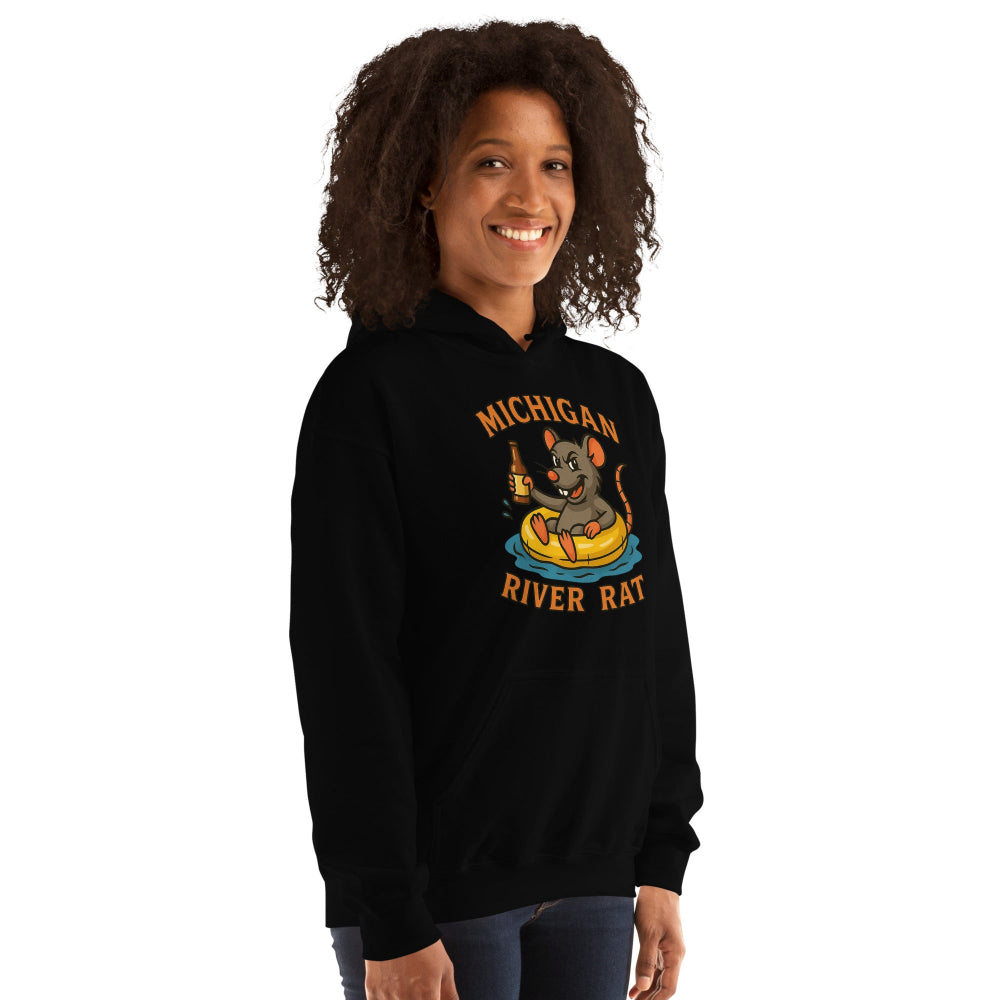 Person wearing a black hoodie with 'Michigan River Rat' graphic design on a white background
