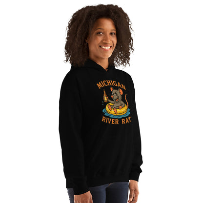 Person wearing a black hoodie with 'Michigan River Rat' graphic design on a white background