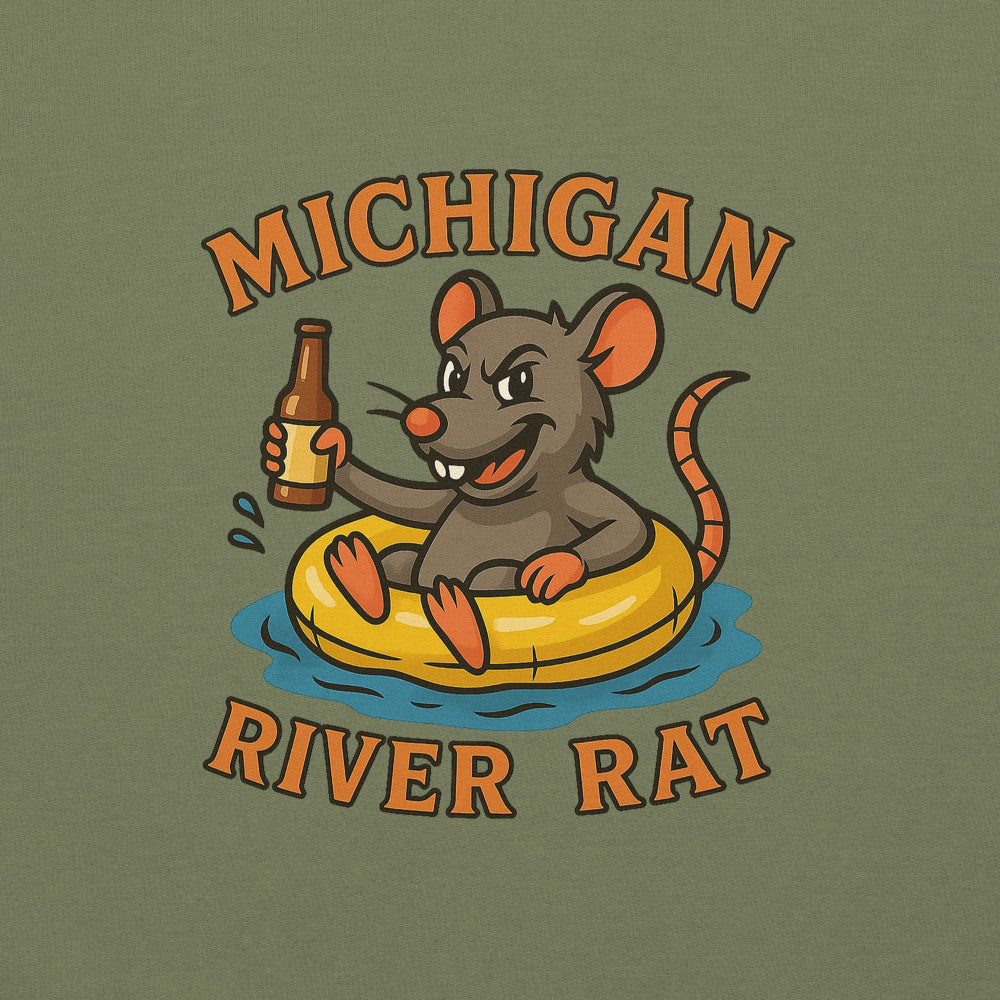 T-shirt design with a rat holding a beer and 'Michigan River Rat' text on a green background