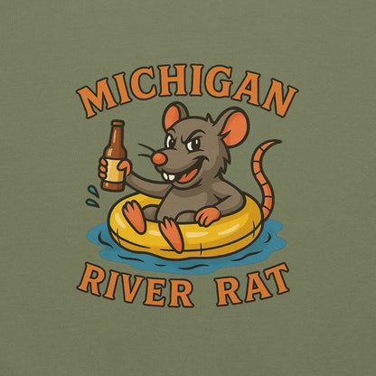 T-shirt design with a rat holding a beer and 'Michigan River Rat' text on a green background