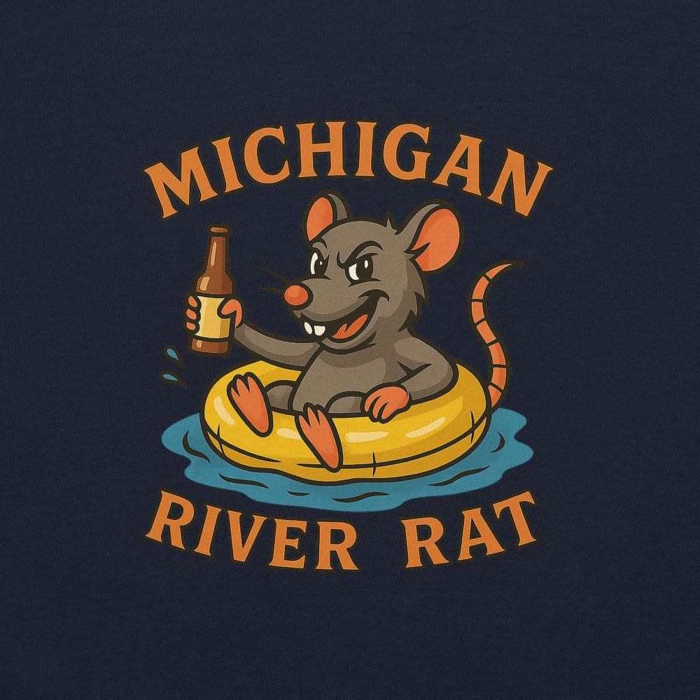 Illustration of a rat on an inner tube with a bottle, text 'Michigan River Rat' on a dark background