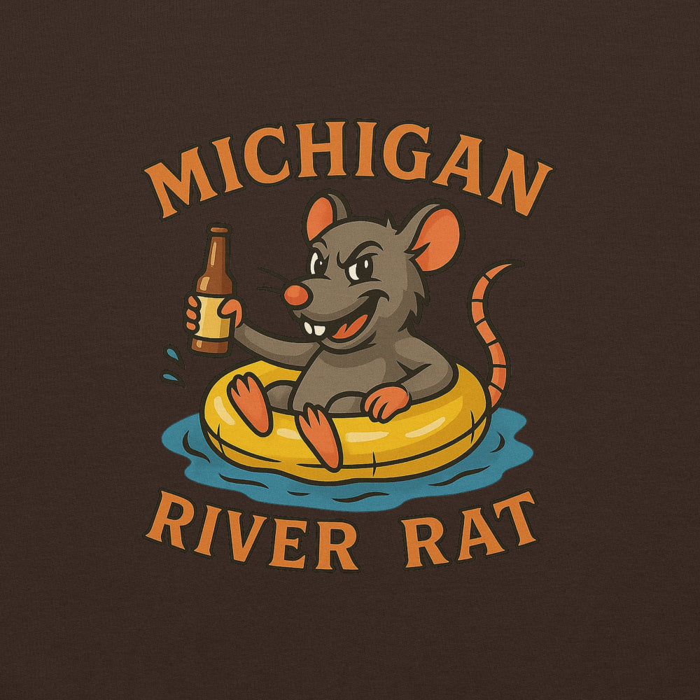 Illustration of a rat on an inner tube with a bottle, text 'Michigan River Rat' on a dark background