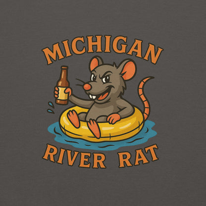 Illustration of a rat on an inner tube with a bottle, text 'Michigan River Rat' on a dark background