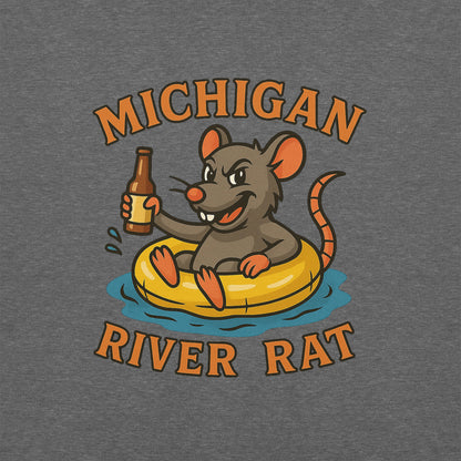 T-shirt design with a cartoon rat holding a beer bottle and text 'Michigan River Rat' on a gray background.