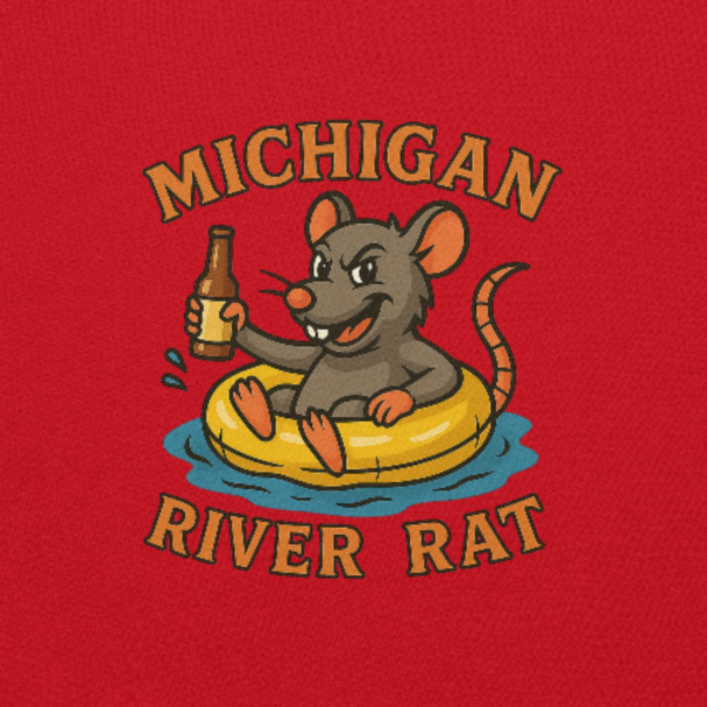 Illustration of a rat on an inner tube with a bottle, text 'Michigan River Rat' on a red background