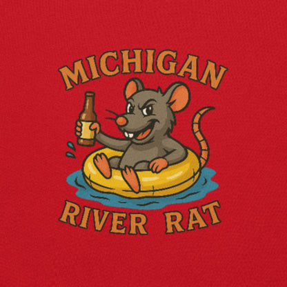 Illustration of a rat on an inner tube with a bottle, text 'Michigan River Rat' on a red background