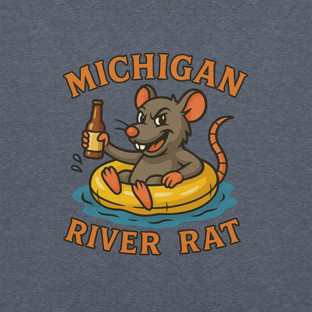 T-shirt design with a cartoon rat holding a beer bottle and 'Michigan River Rat' text on a blue background.