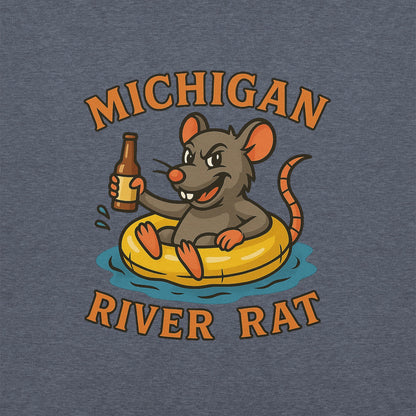 T-shirt design with a cartoon rat holding a beer bottle and 'Michigan River Rat' text on a blue background.