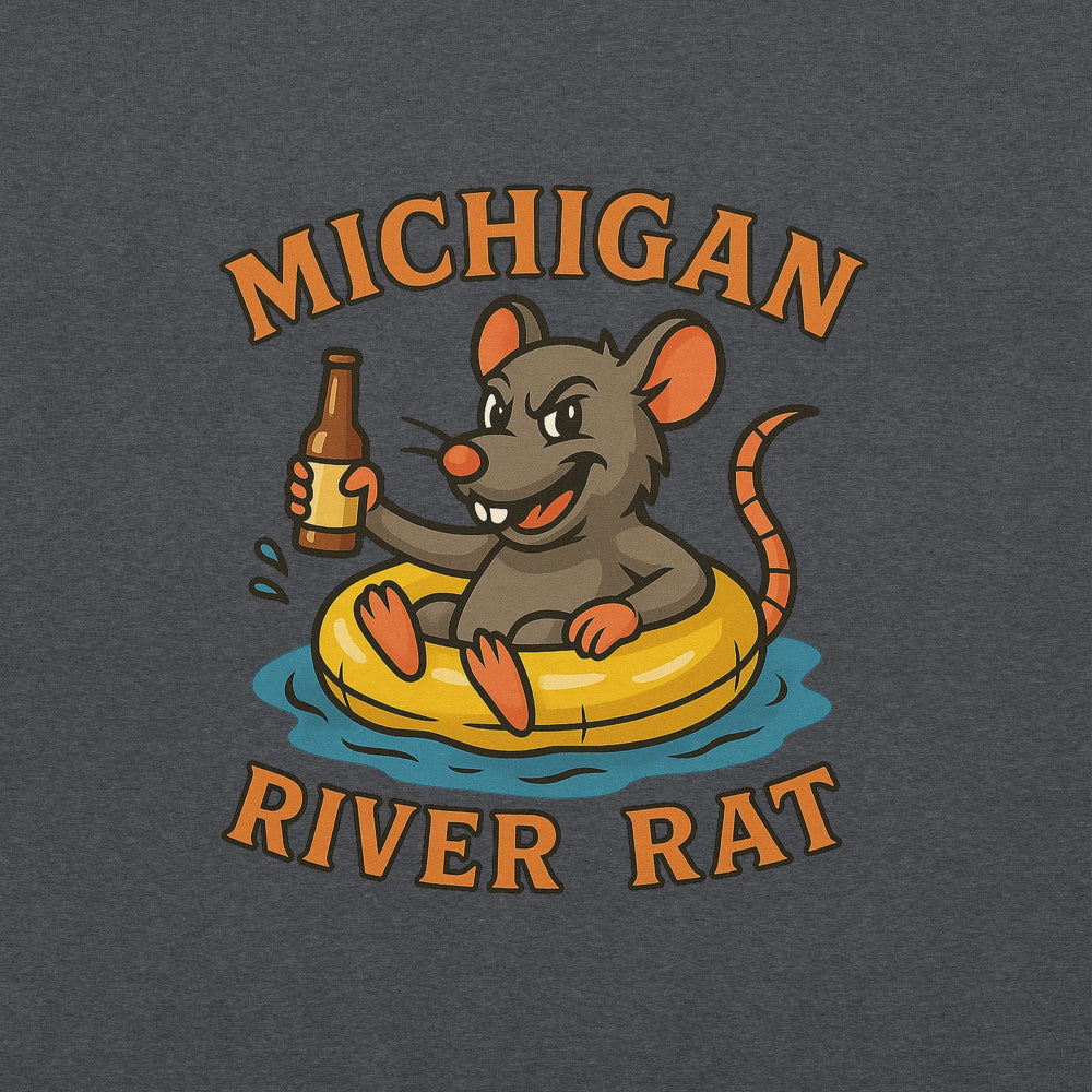 Illustration of a rat on an inner tube with a bottle, surrounded by 'Michigan River Rat' text on a dark background.