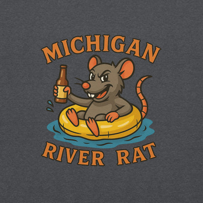 Illustration of a rat on an inner tube with a bottle, surrounded by 'Michigan River Rat' text on a dark background.