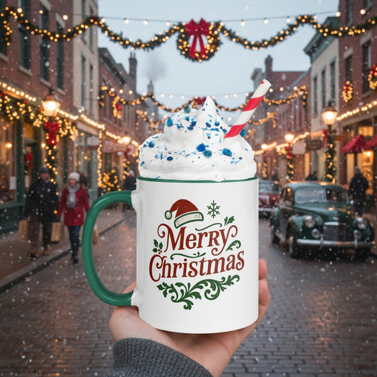 Mug with 'Merry Christmas' text and a green handle, filled with a festive drink.