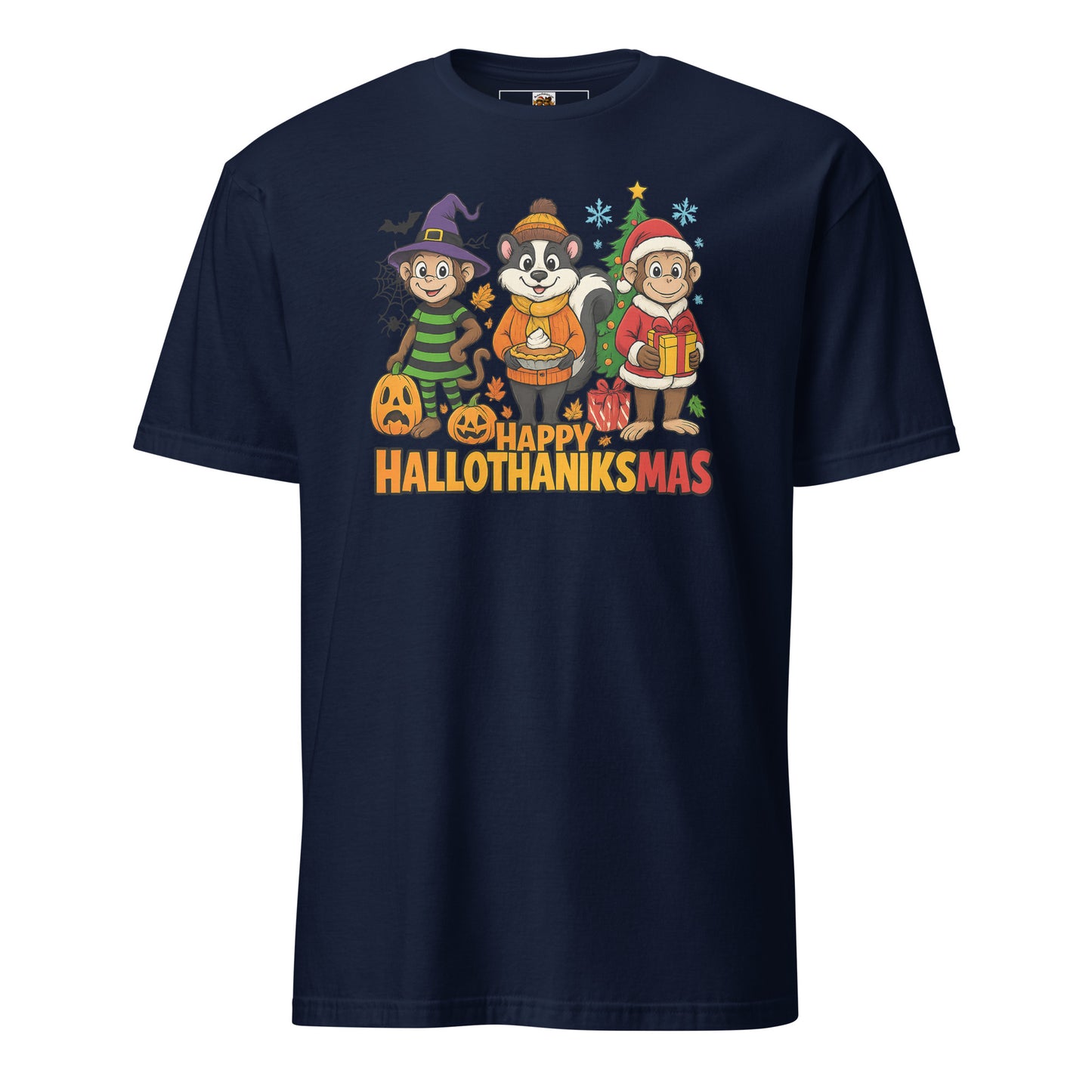 Navy blue t-shirt with 'Happy Hallothanksmas' design featuring cartoon characters on a white background.