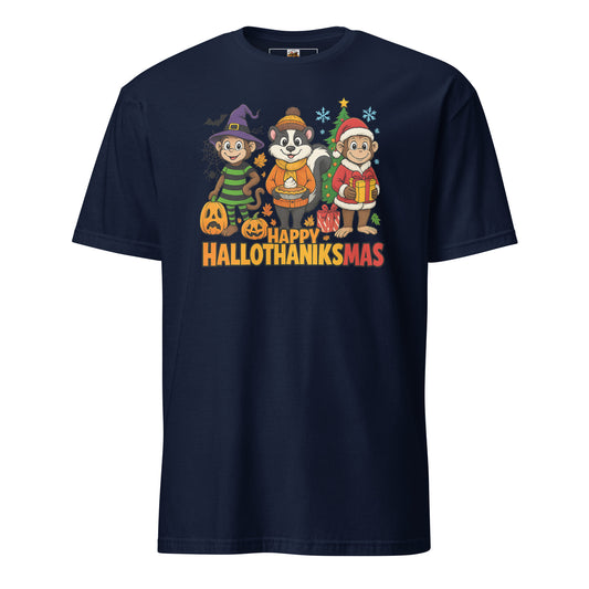 Navy blue t-shirt with 'Happy Hallothanksmas' design featuring cartoon characters on a white background.